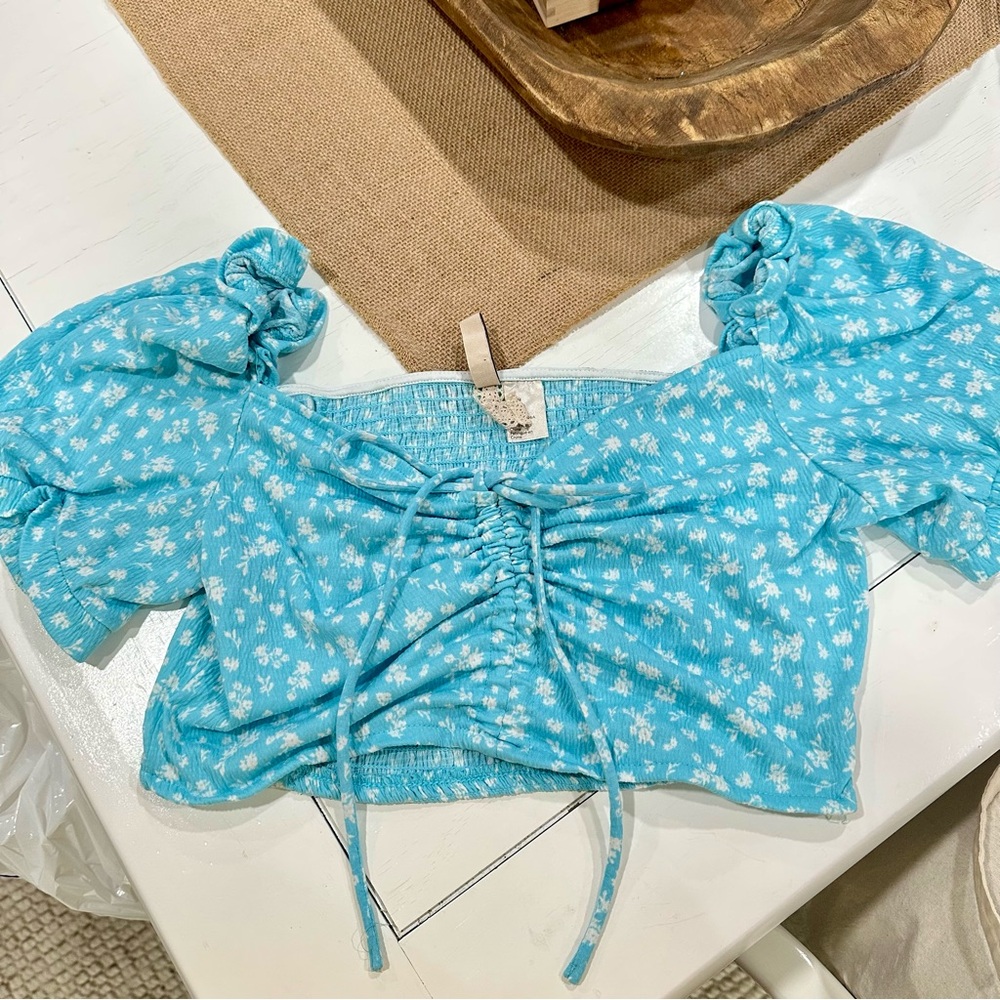 H&M Divided Sz M Blue Puff Sleeve Crop Blouse Cottagecore Summer